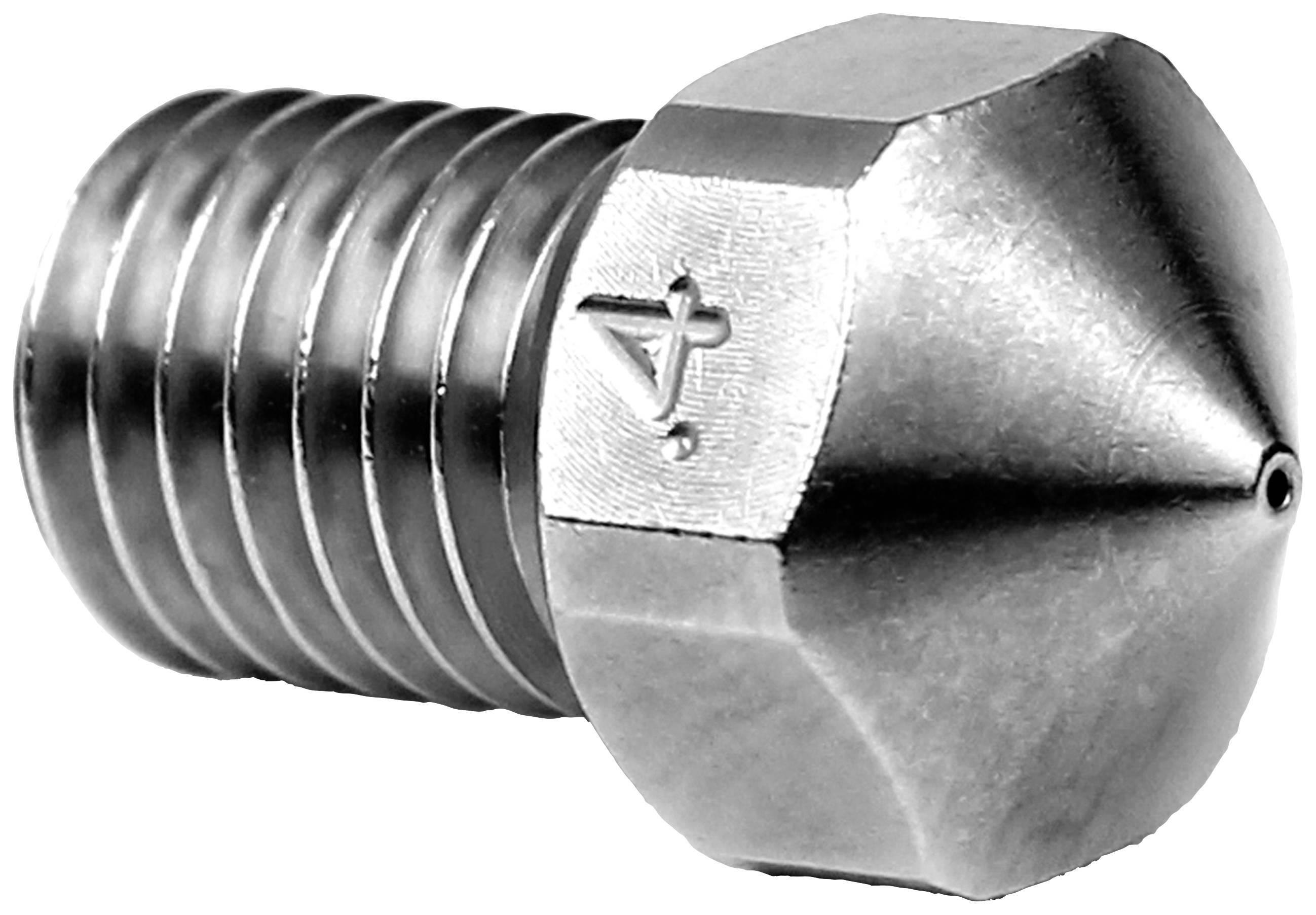 Eine silberne, metallische Düse mit Gewinde und spitzem Ende. Ideal für 3D-Drucker; das Symbol in der Mitte weist auf die Größe hin.