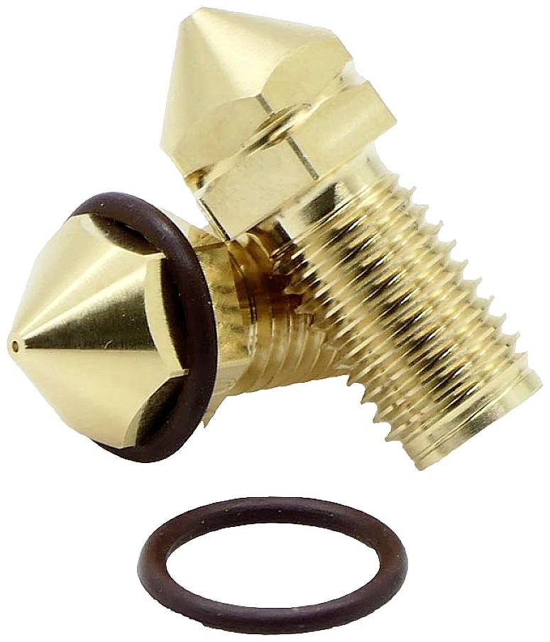 Goldenes, konisches Element mit Gewinde und O-Ring. Möglicherweise ein Drucker- oder Maschinenbauteil.