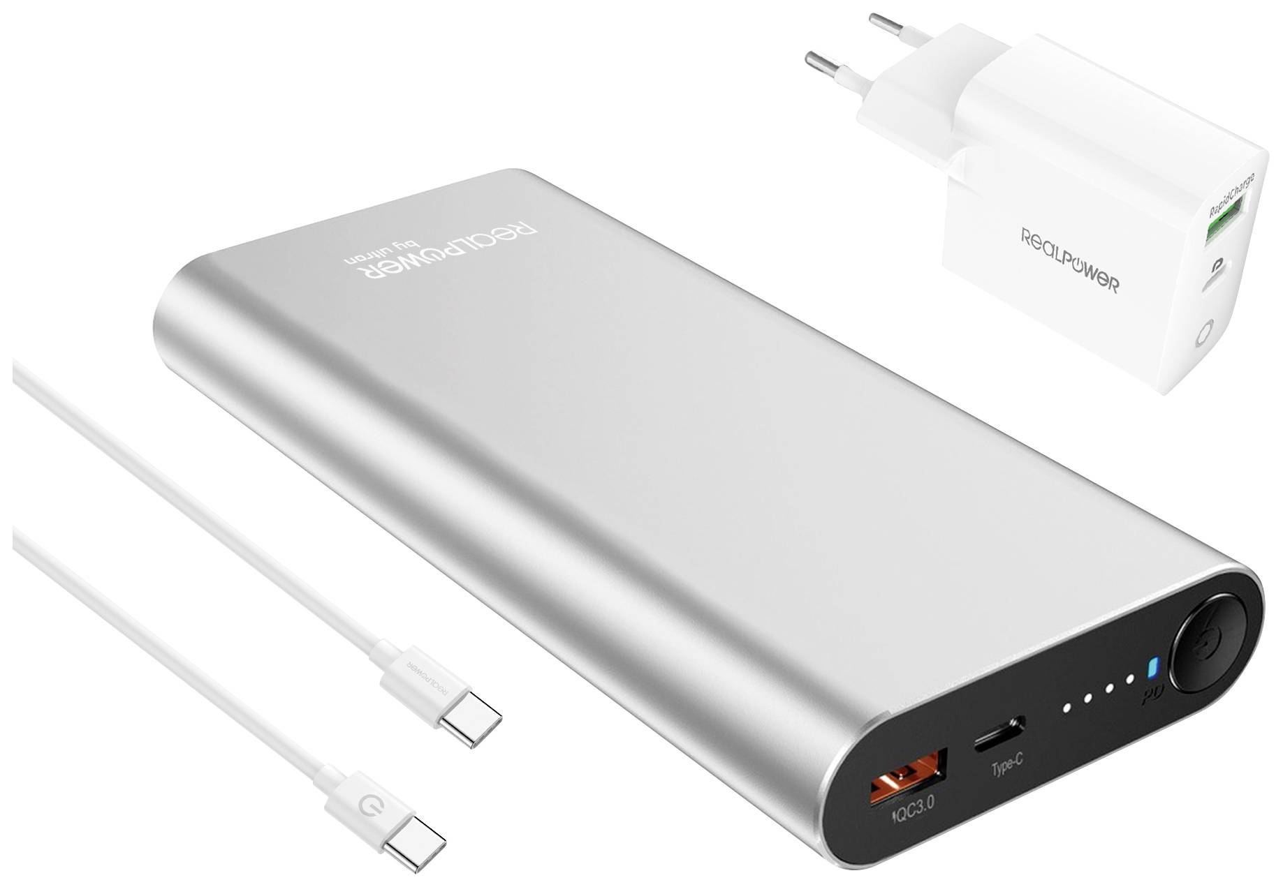 RealPower PB-20000 PD Pro Powerpack Powerbank 20000 mAh Li-Ion USB-C®, USB-A (USB 3.0) Silber