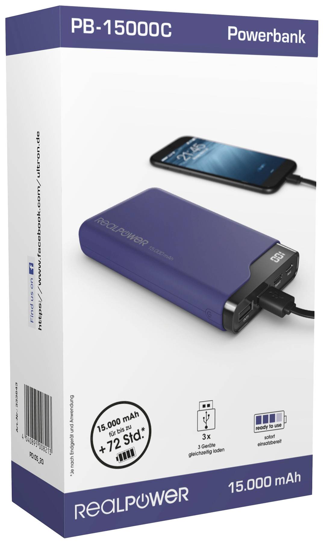 RealPower PB-15000C Powerbank 15000 mAh Li-Ion USB, USB-C® Navy-Blau