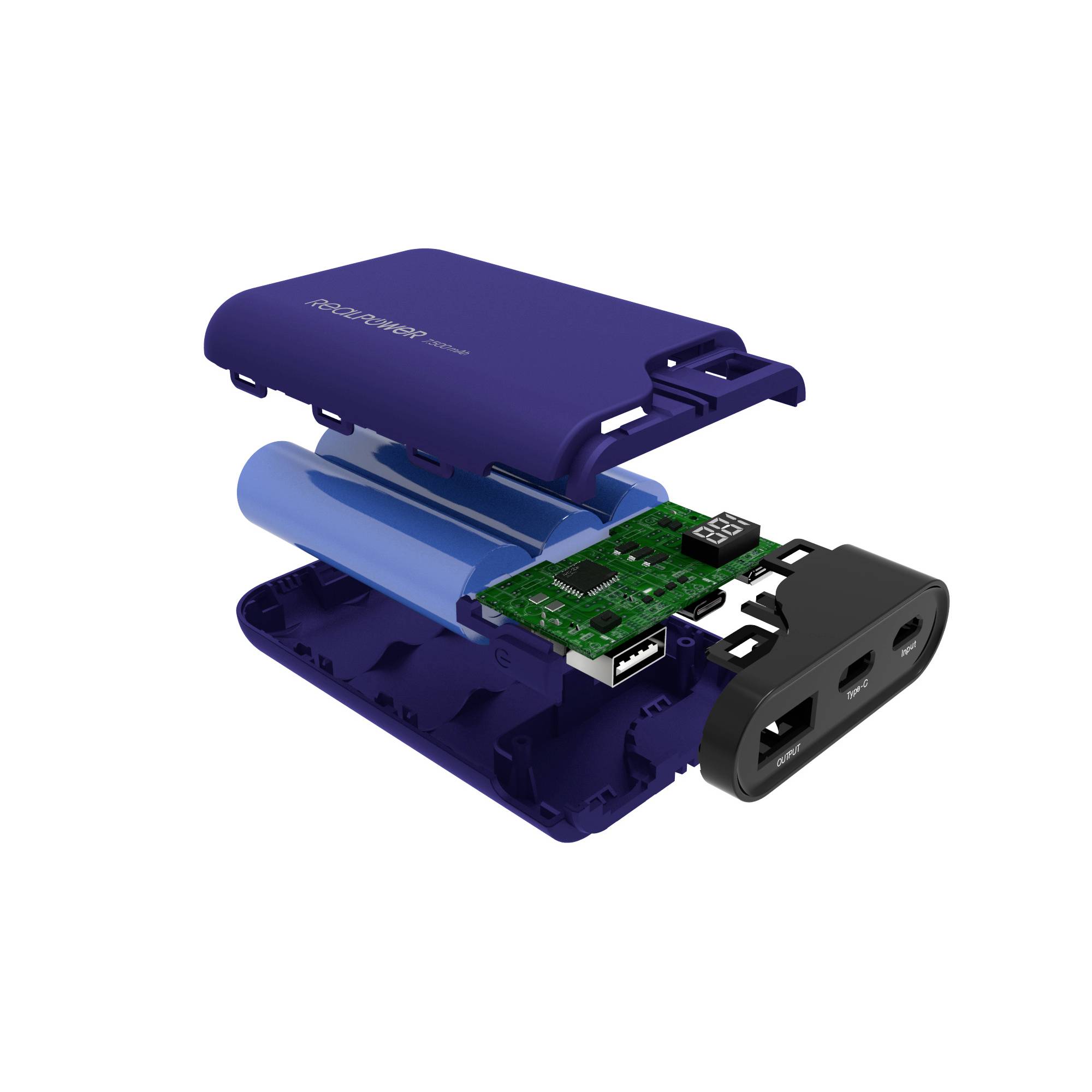 Ein zerlegtes tragbares Ladegerät mit Gehäuse, Batterie, Leiterplatte und Anschlüssen, das seine internen Komponenten zeigt.