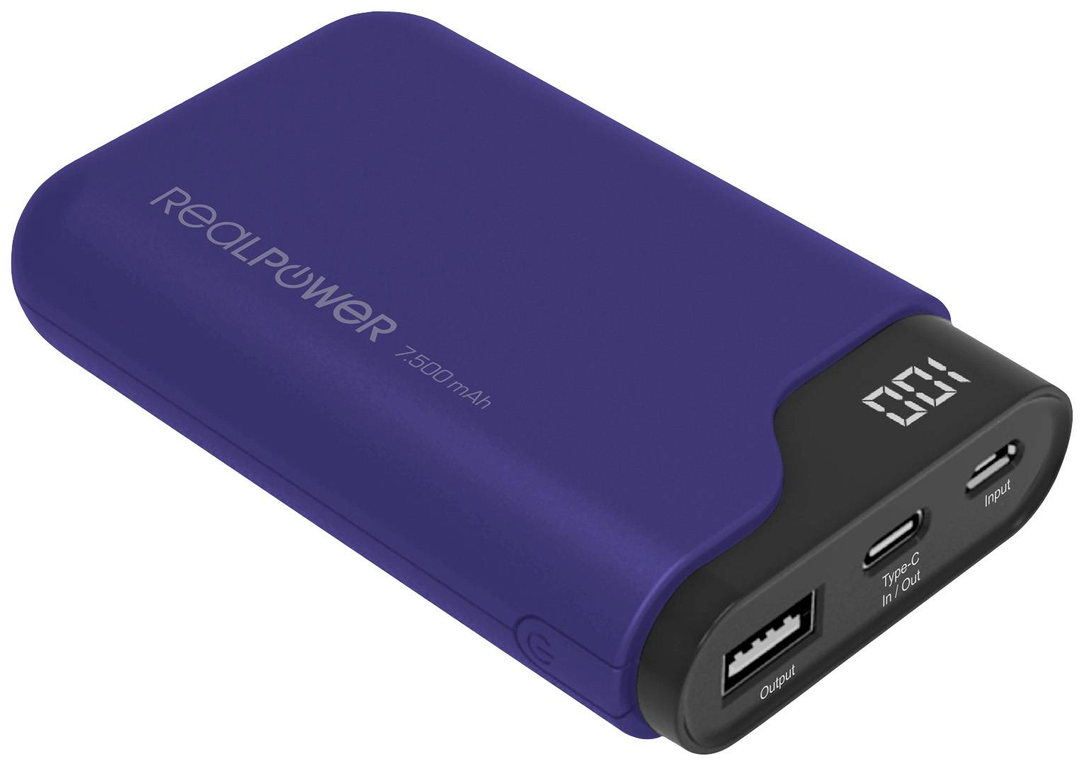Eine blaue Powerbank mit der Aufschrift 'RealPower 7500 mAh' auf der Vorderseite. Sie verfügt über einen USB-Anschluss und ein digitales Display.