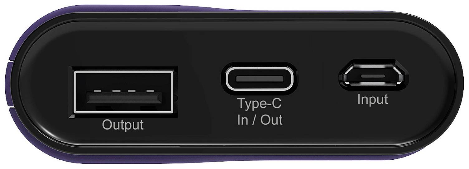 Schwarzes Ladegerät mit drei Anschlüssen: USB-Ausgang, Type-C Ein-/Ausgang, und Eingangsport.