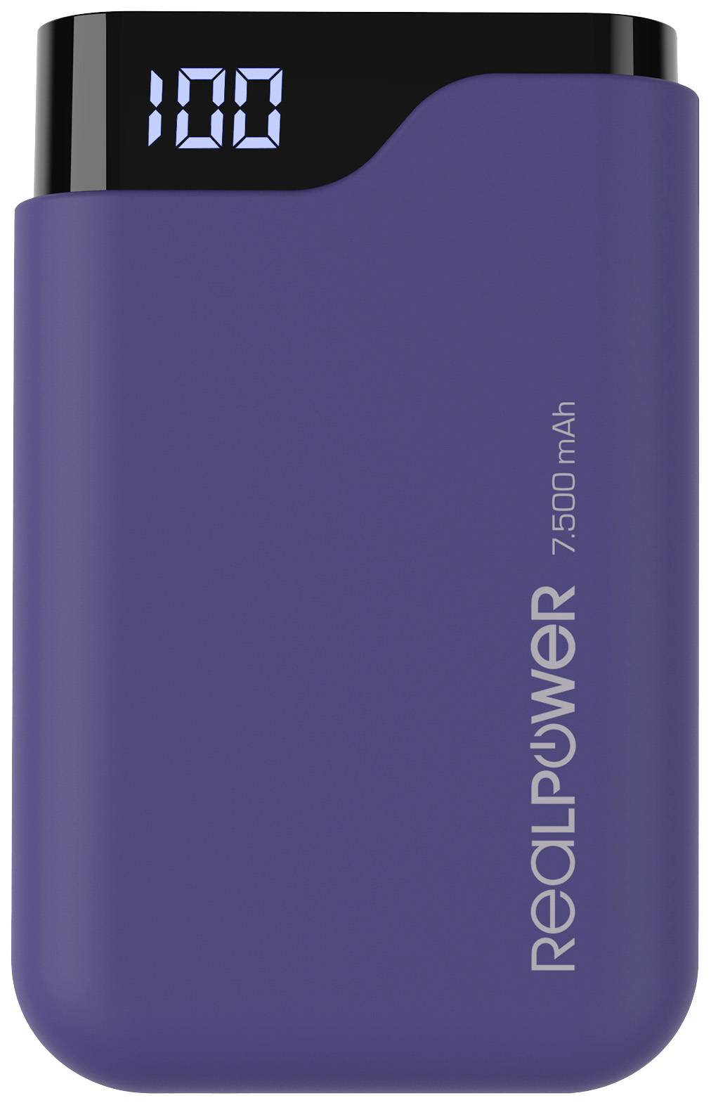 Lila Powerbank mit 7500 mAh und Display, das '100' anzeigt. Markenname 'RealPower' steht seitlich.