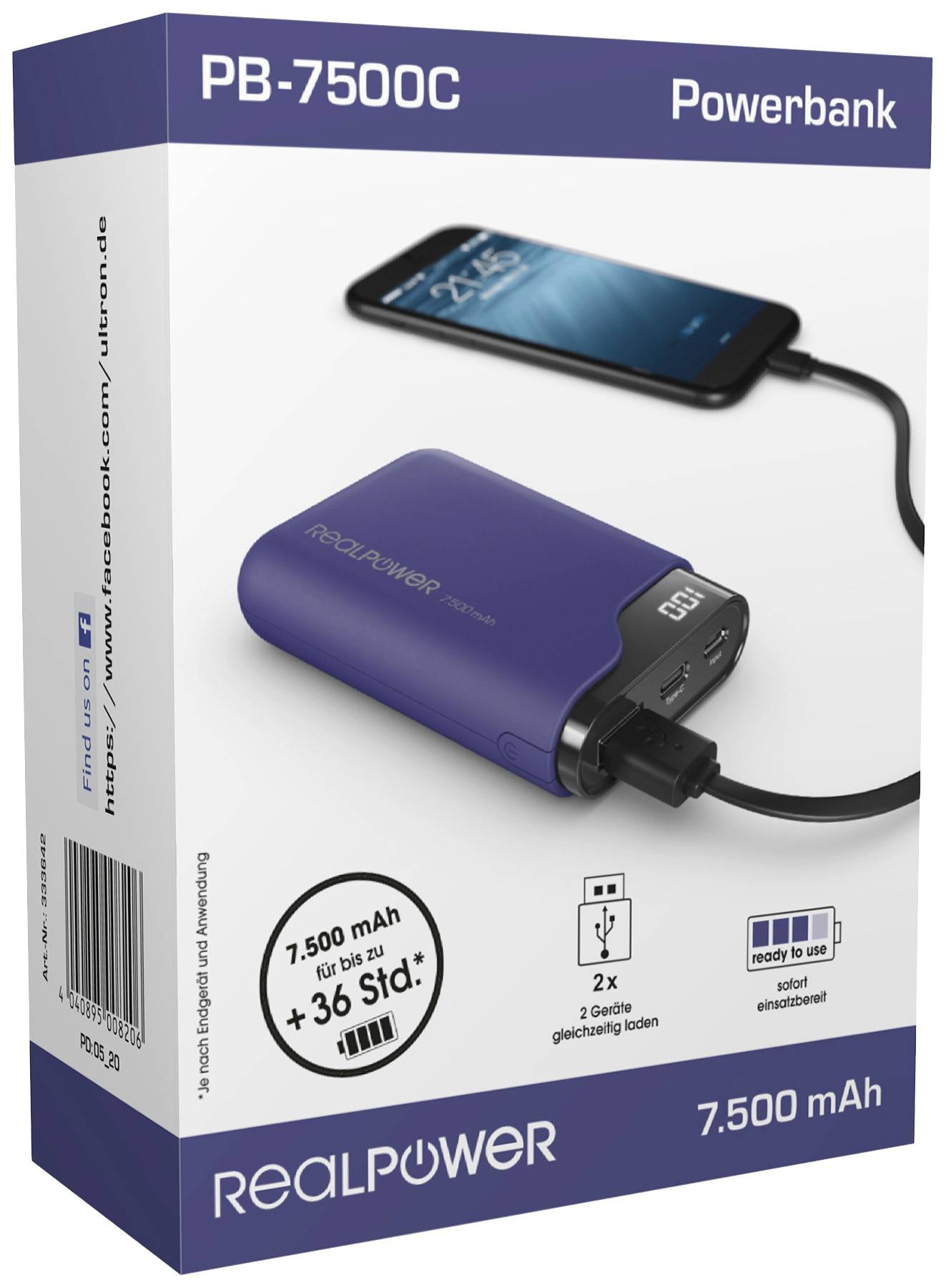 Powerbank-Verpackung 'PB-7500C' von RealPower. Zeigt Powerbank mit Smartphone verbunden, Kapazität 7500 mAh, zwei Geräte gleichzeitig laden.