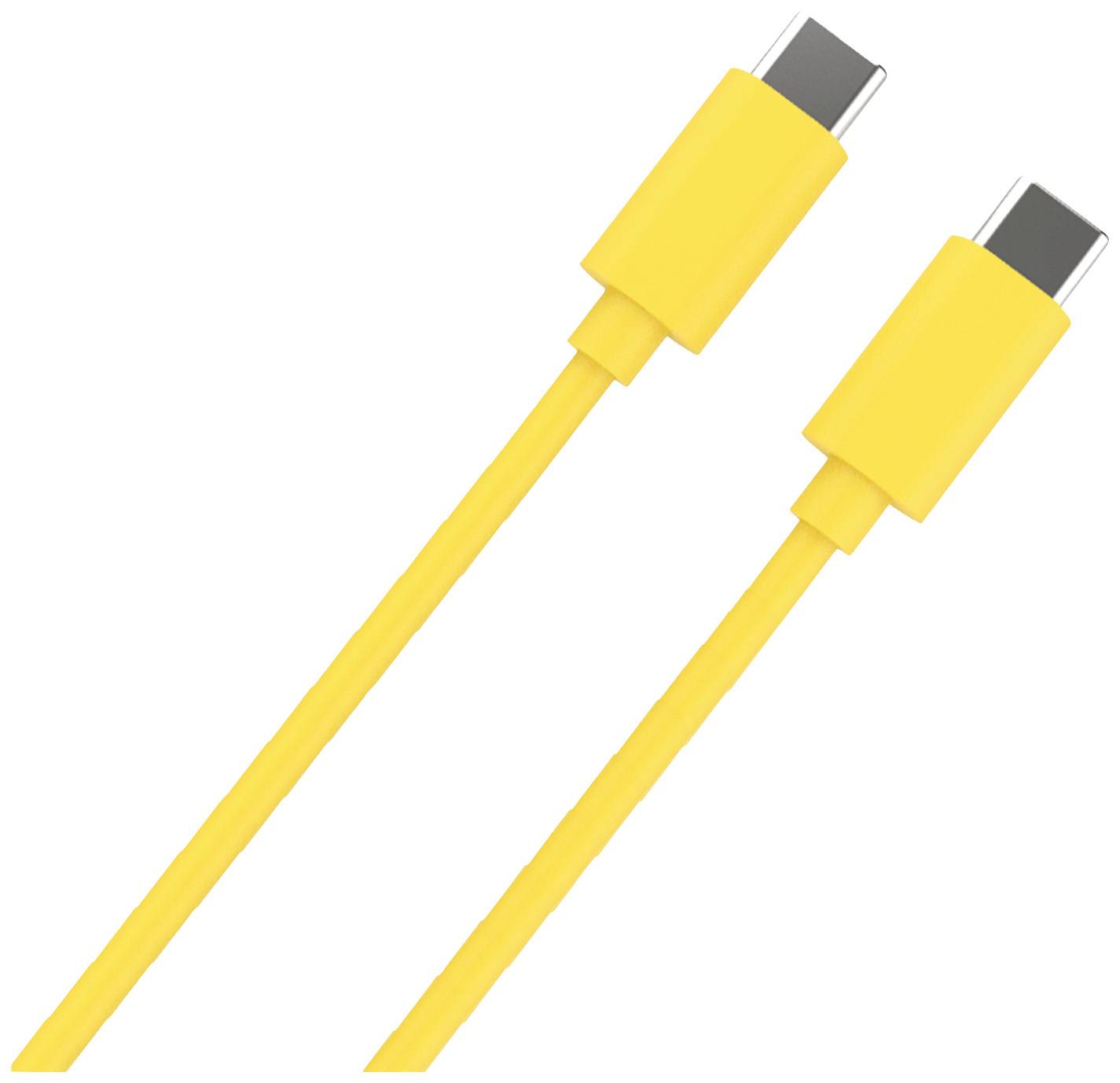 Zwei gelbe USB-C-Kabel, symmetrisch angeordnet, zeigen die Anschlüsse. Ideal für Datenübertragung und Laden.