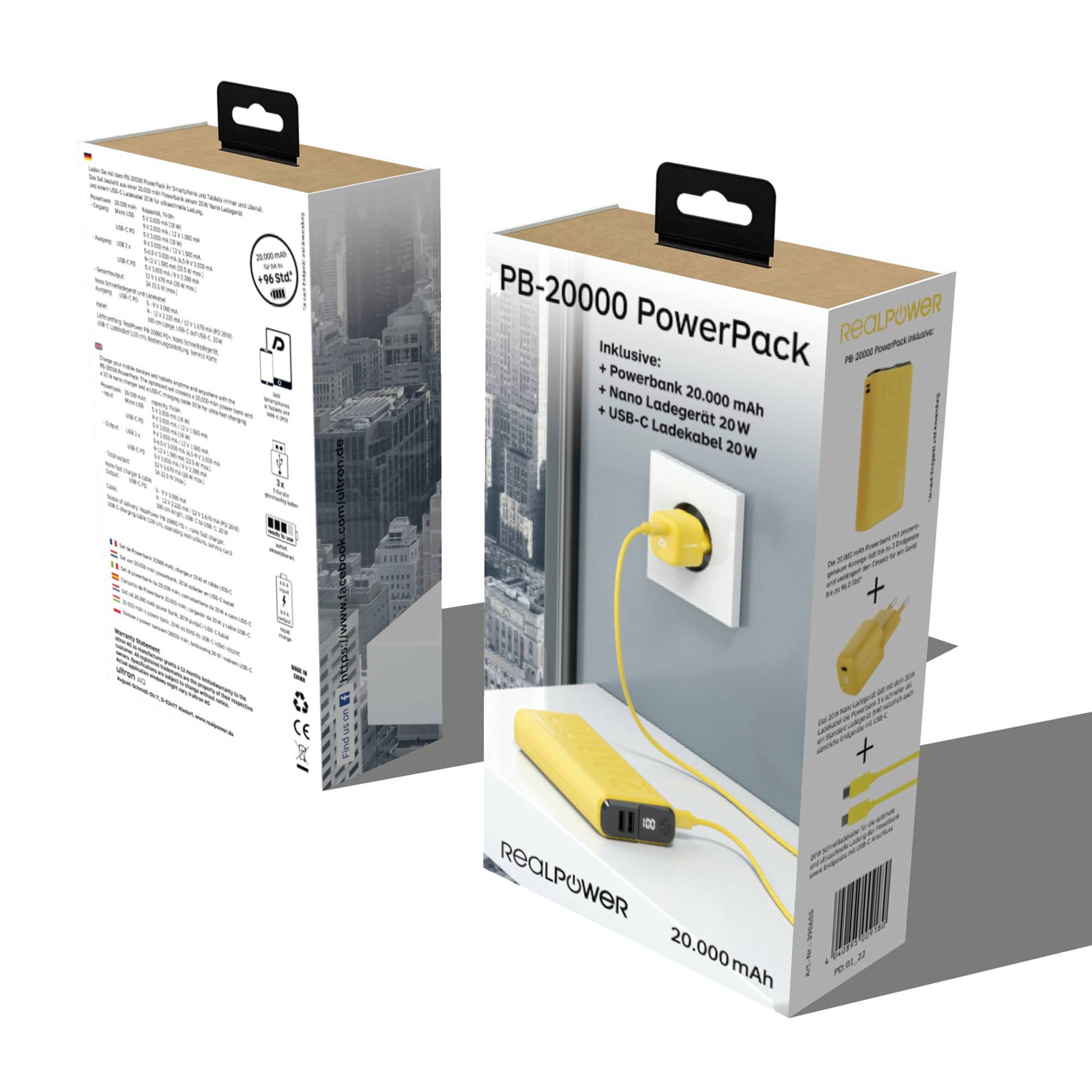 Powerbank-Verpackung mit 'PB-20000 PowerPack' und Spezifikationen: Li-ionen Akku, 20.000 mAh, 20 W USB-C Ladegerät. Bild zeigt Powerbank am Ladegerät.