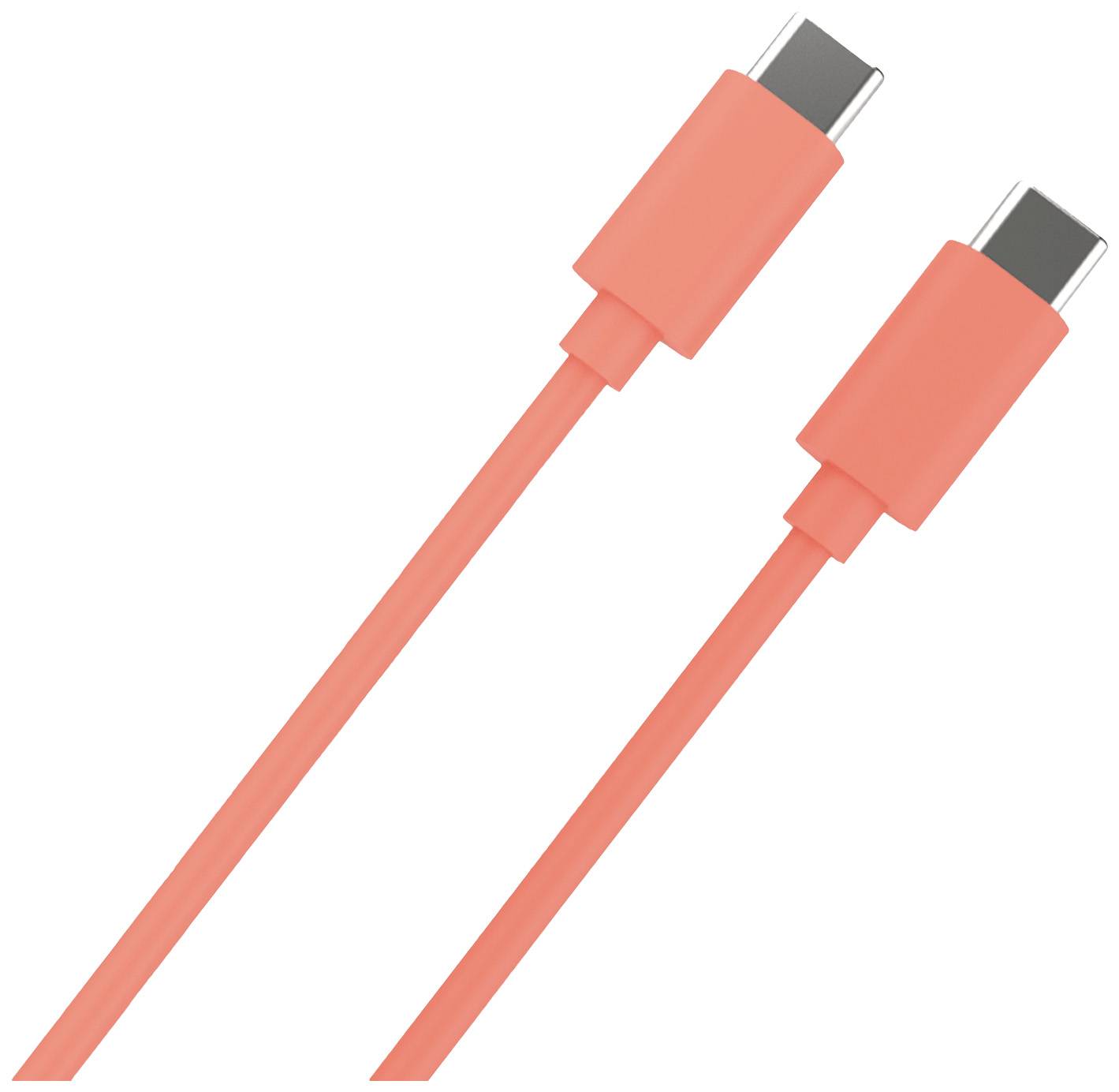 Zwei orangefarbene USB-C-Kabel, die nebeneinander liegen und in die gleiche Richtung zeigen.