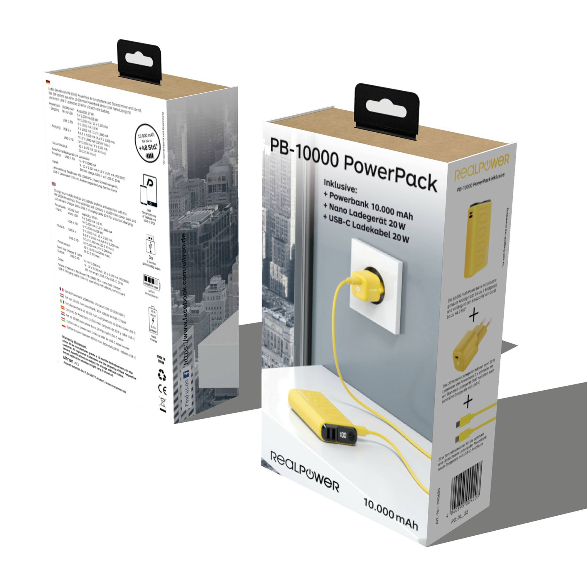 RealPower PB-10000 Power Pack Powerbank 10000 mAh Li-Ion USB, USB-C® Gelb