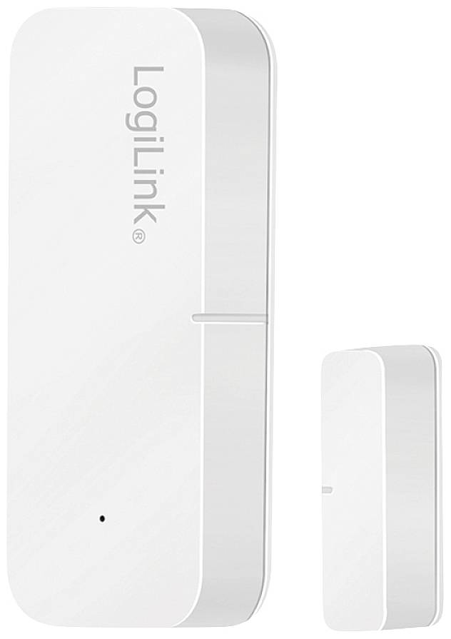 Zwei weiße magnetische Tür- und Fenstersensoren von LogiLink. Der größere Sensor ist links, der kleinere rechts dargestellt.