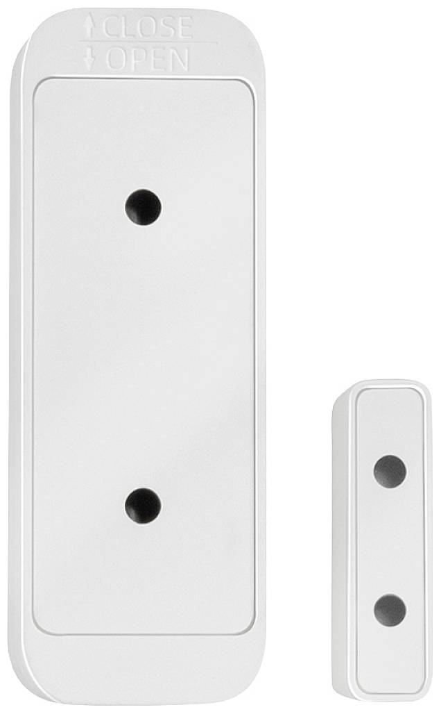 Zwei weiße, rechteckige Magnetsensoren in unterschiedlichen Größen zur Überwachung von Tür- oder Fensteröffnungen.