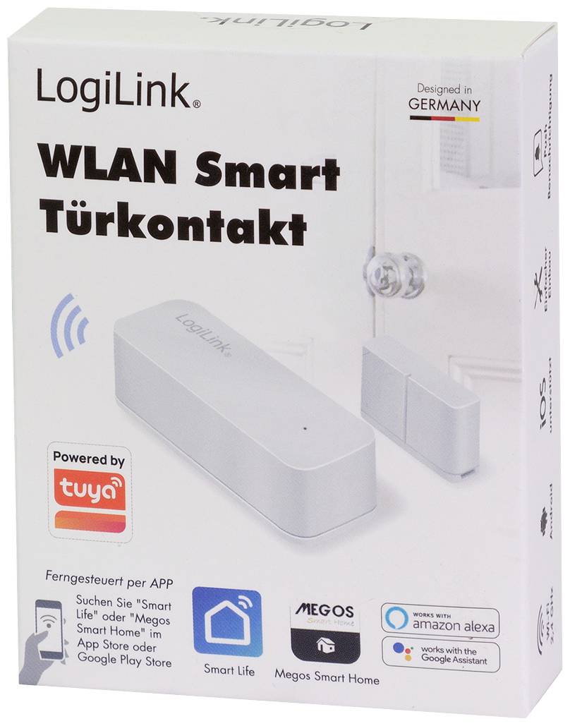 'LogiLink WLAN Smart Türkontakt' Produktverpackung. Weißes Gerät, kompatibel mit 'tuya', 'Smart Life', 'Megos Smart Home', 'Amazon Alexa'. Entwickelt in Deutschland.
