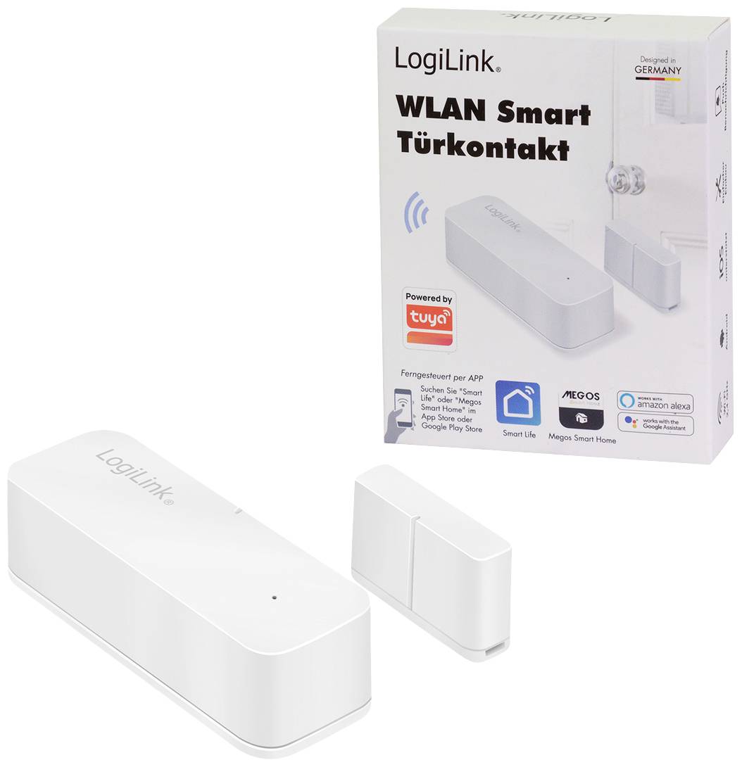 'LogiLink WLAN Smart Türkontakt' in Verpackung neben dem Gerät. Funktioniert mit App, Amazon Alexa und Google Play.