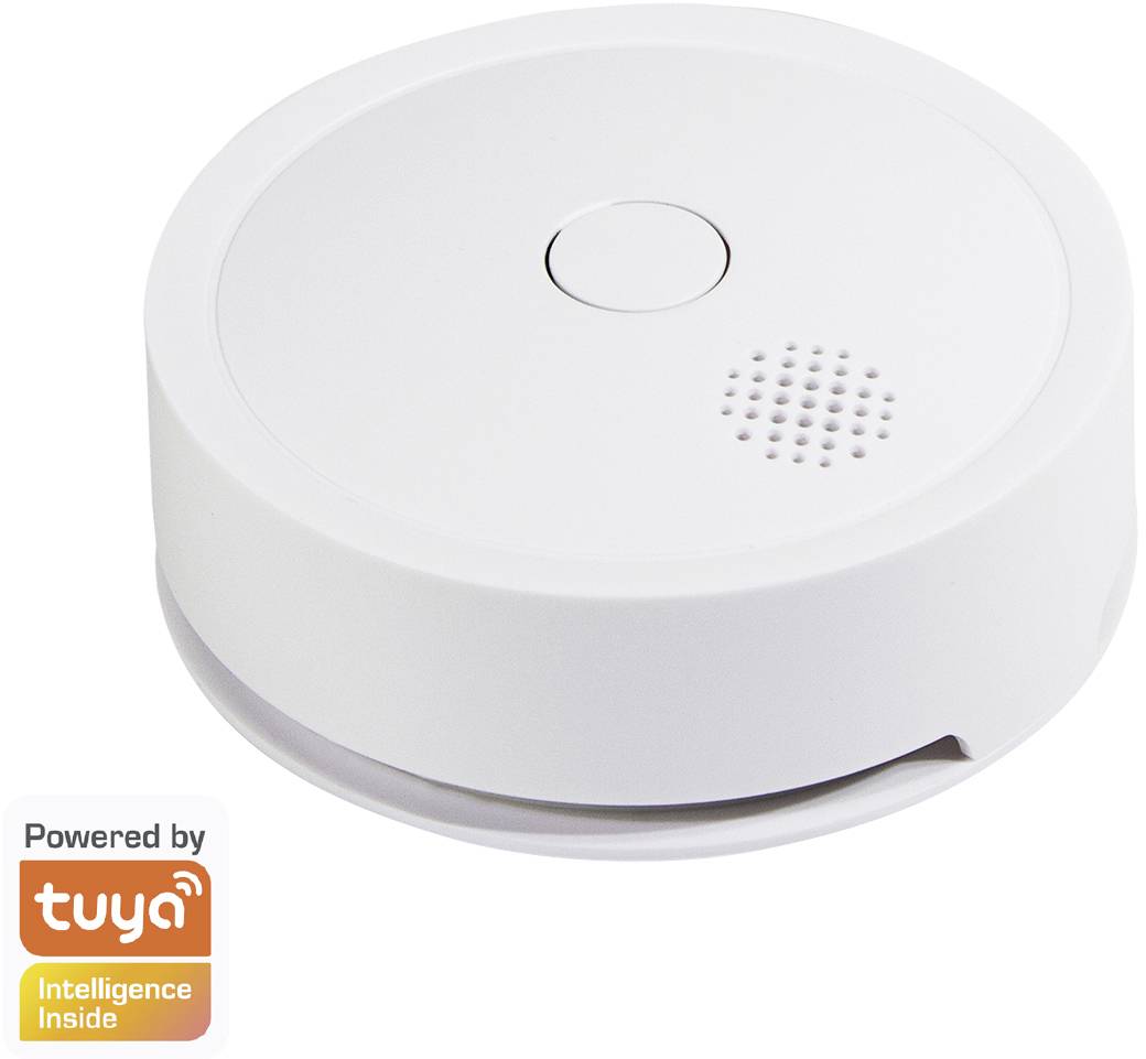 Weißer, runder Rauchmelder mit zentraler Taste und Lautsprechergitter. Links unten das Logo 'Powered by tuya'.