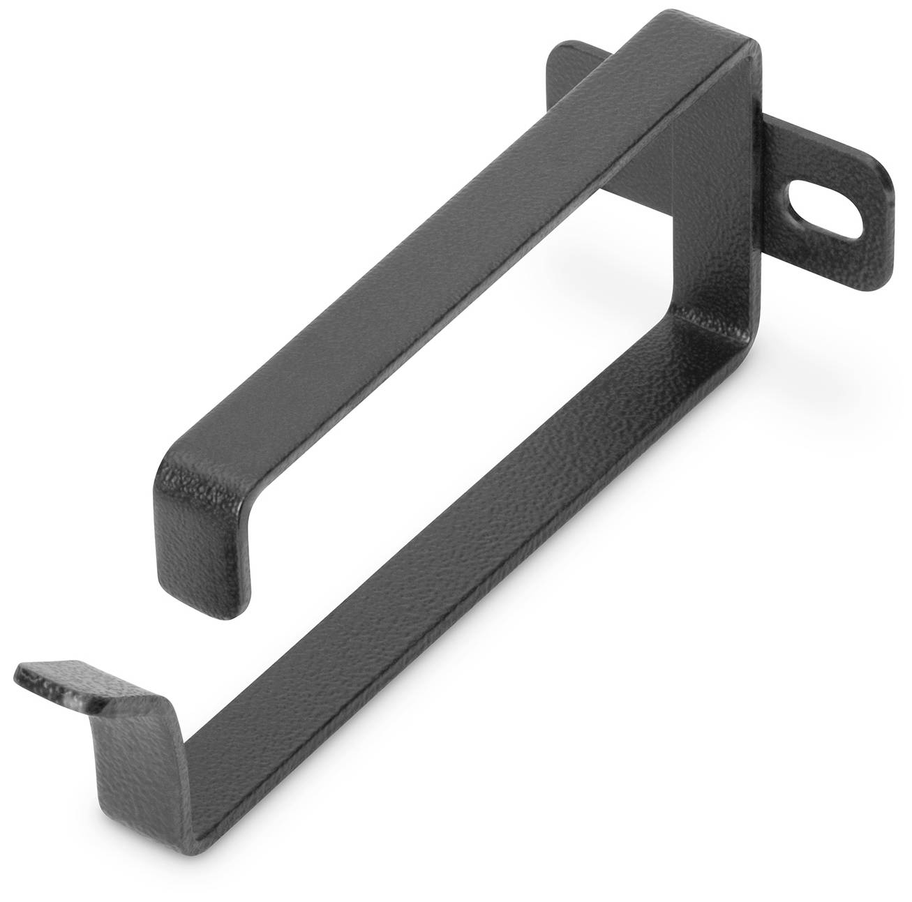 Metallische Halterung mit rechteckigem Rahmen und zwei Befestigungslöchern an den Seiten, in schwarz.