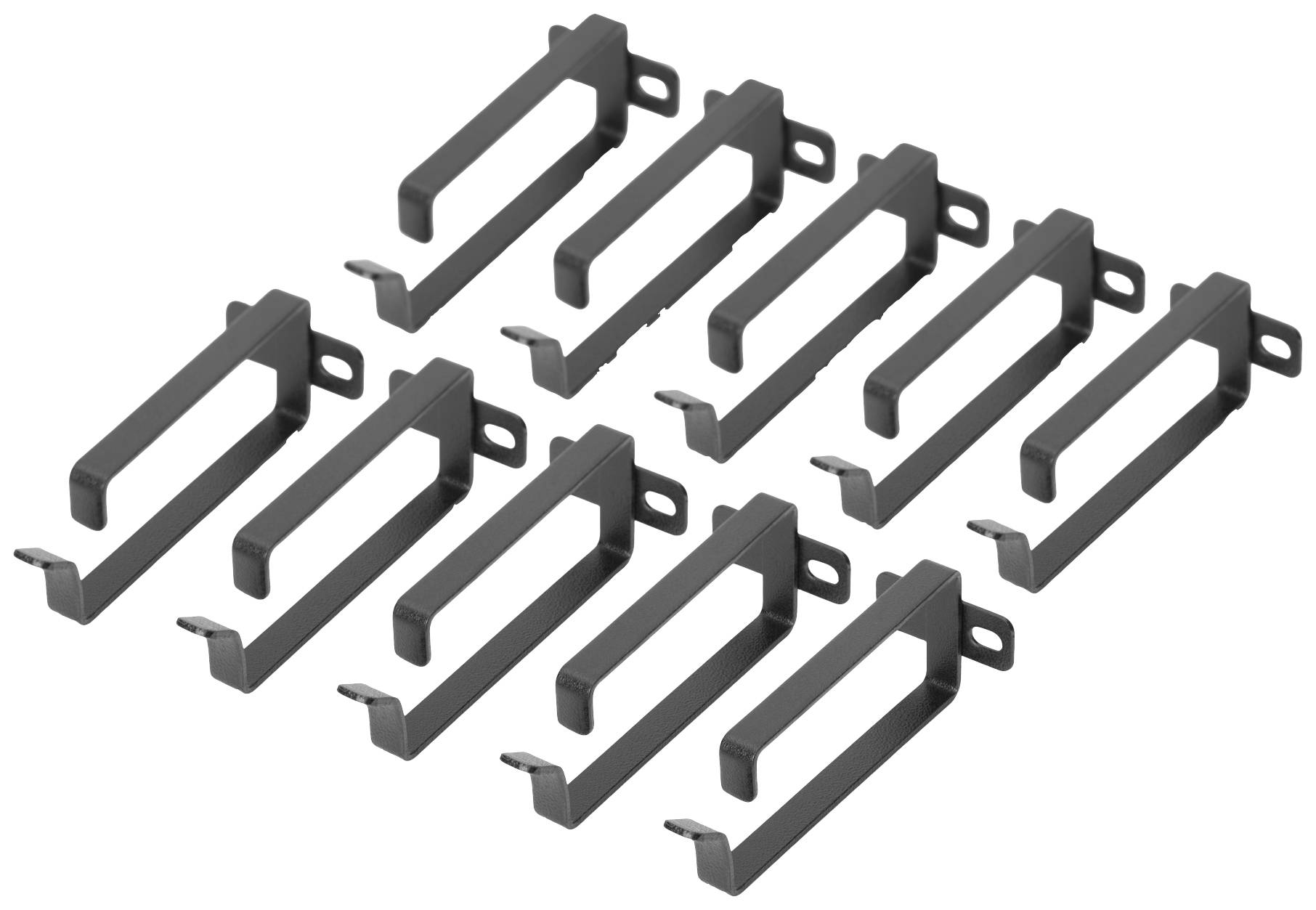 Zehn schwarze Metallhaken in zwei Reihen angeordnet, verwendet zur Befestigung oder Aufhängung von Gegenständen.