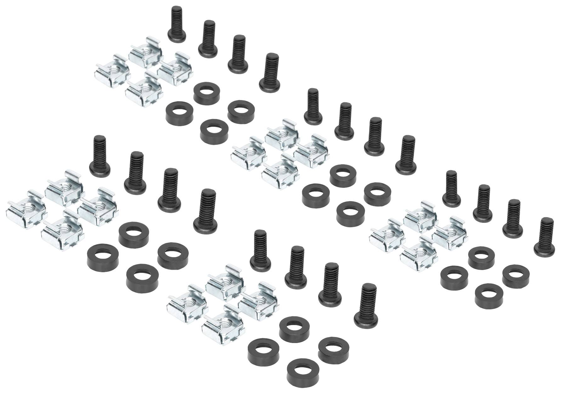 Schrauben- und Mutternset aus Metall, bestehend aus schwarzen Schrauben, Unterlegscheiben und silbernen Muttern. Geeignet für Montageanwendungen.