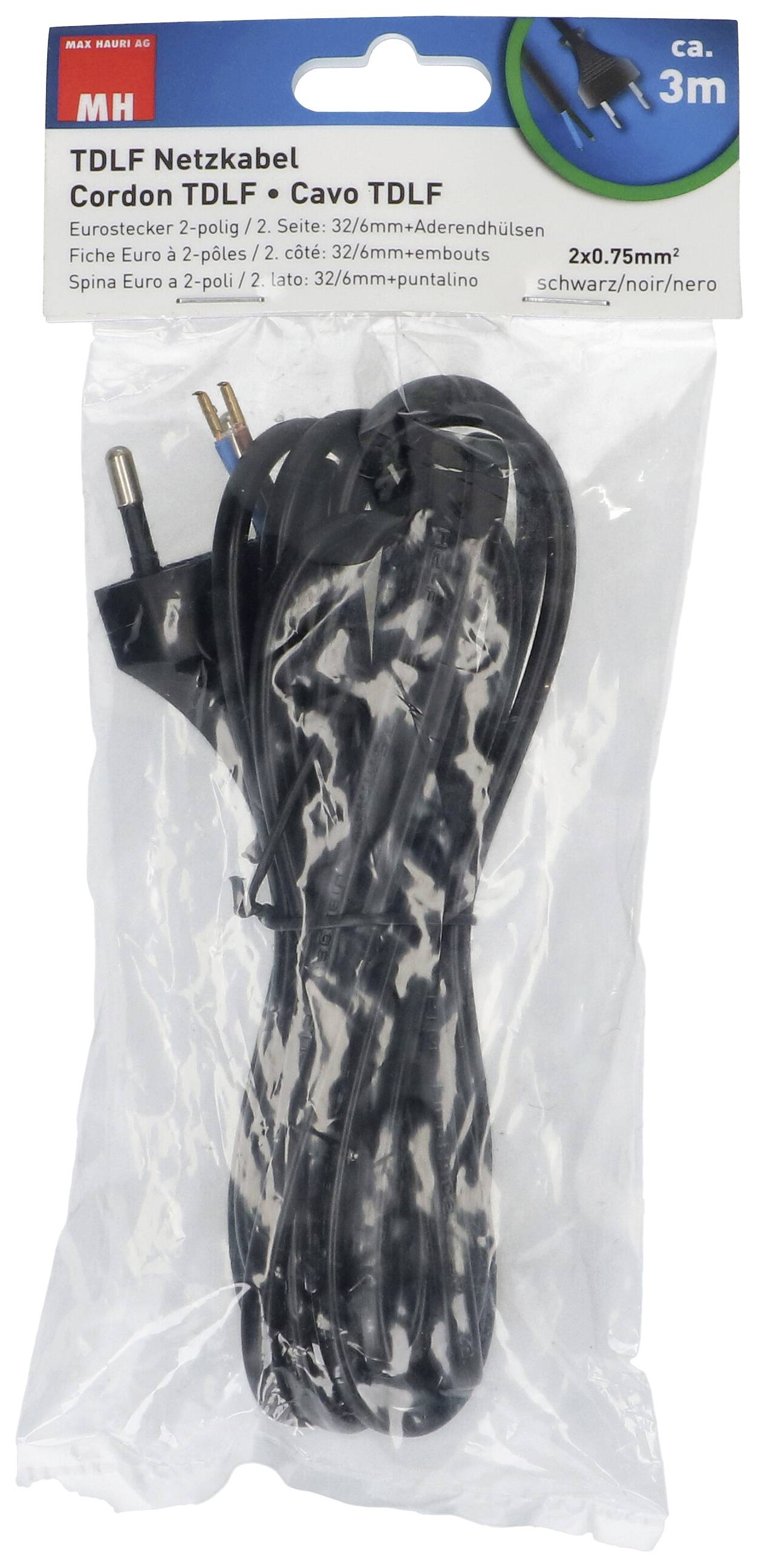 Schwarzes Netzkabel, Typ TDLF, 2-polig, 3 Meter, Eurostecker, 32/6 mm Stift, 2x 0,75 mm², geeignet für Euro 2 Pol Buchsen.