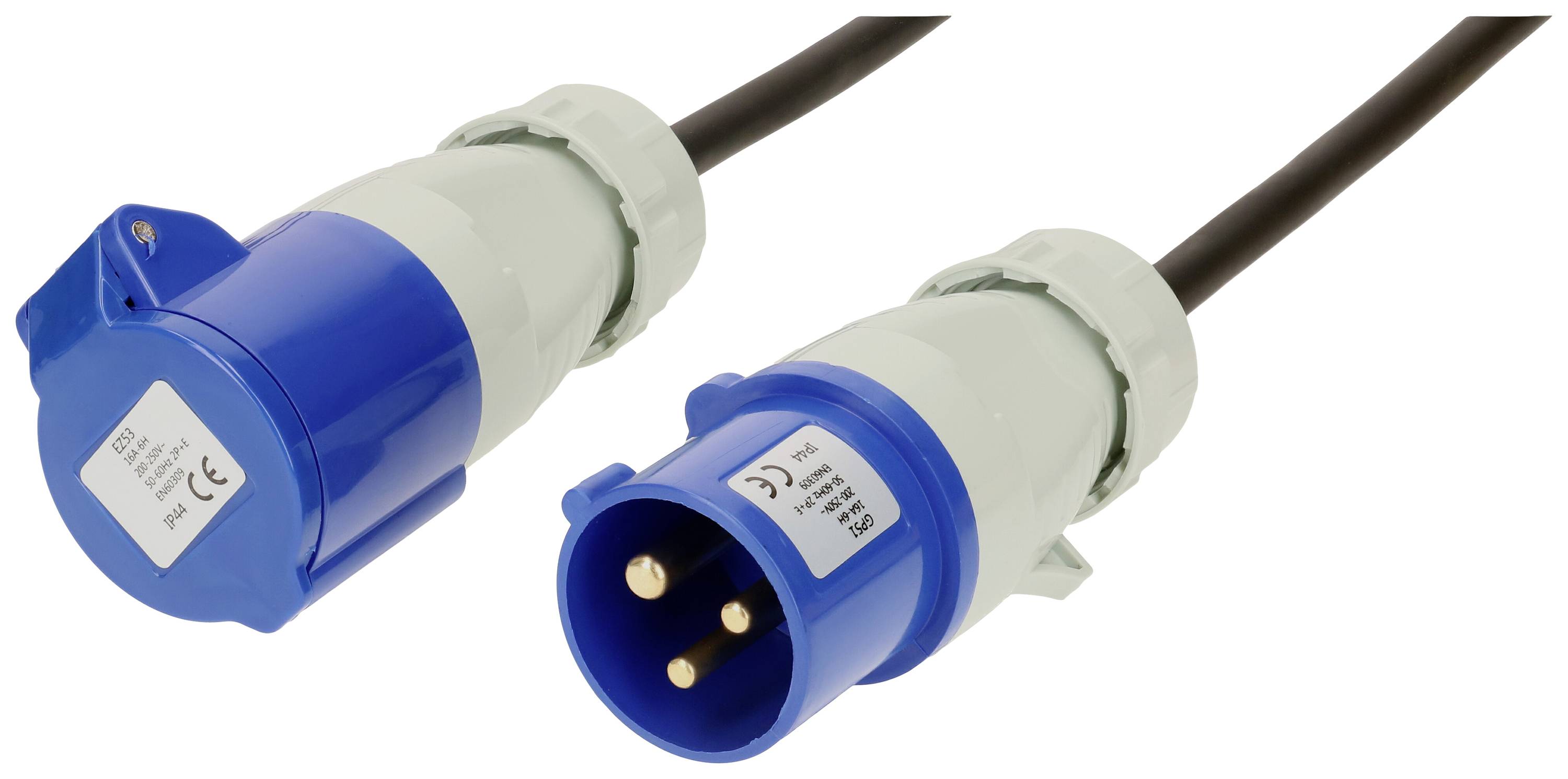 Ein blauer CEE-Stecker und eine CEE-Buchse, typisch für industriellen Gebrauch, auf weißem Hintergrund.