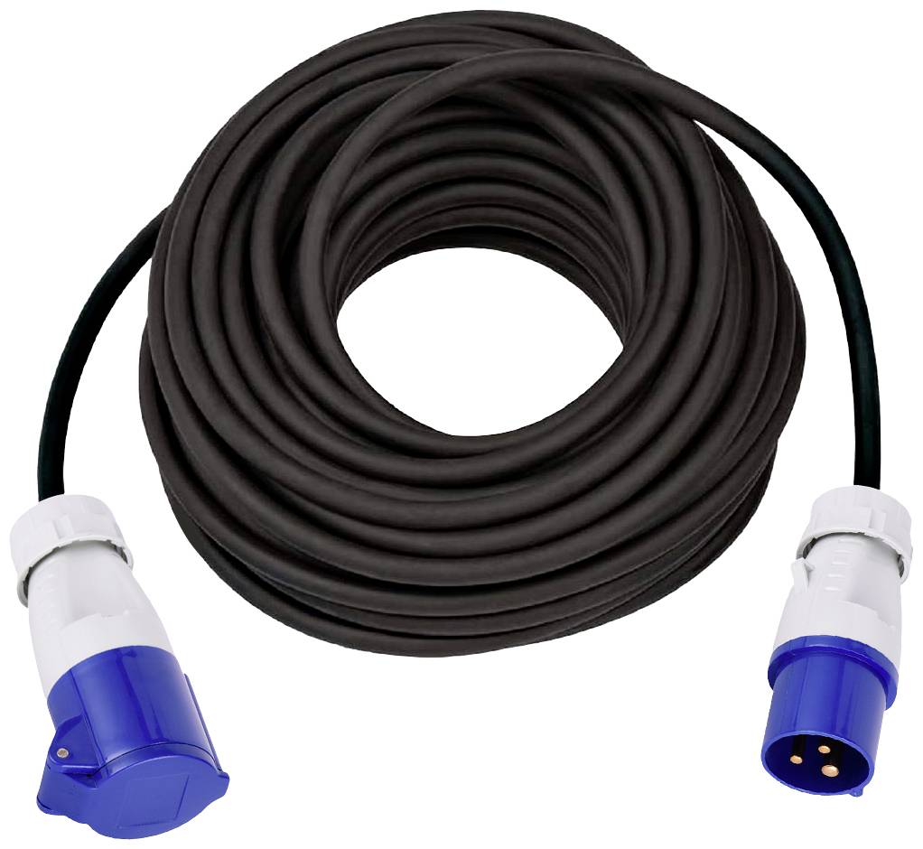 Ein langes, schwarzes Verlängerungskabel mit blauen und weißen Industriesteckverbindern an den Enden, aufgerollt zur Aufbewahrung.