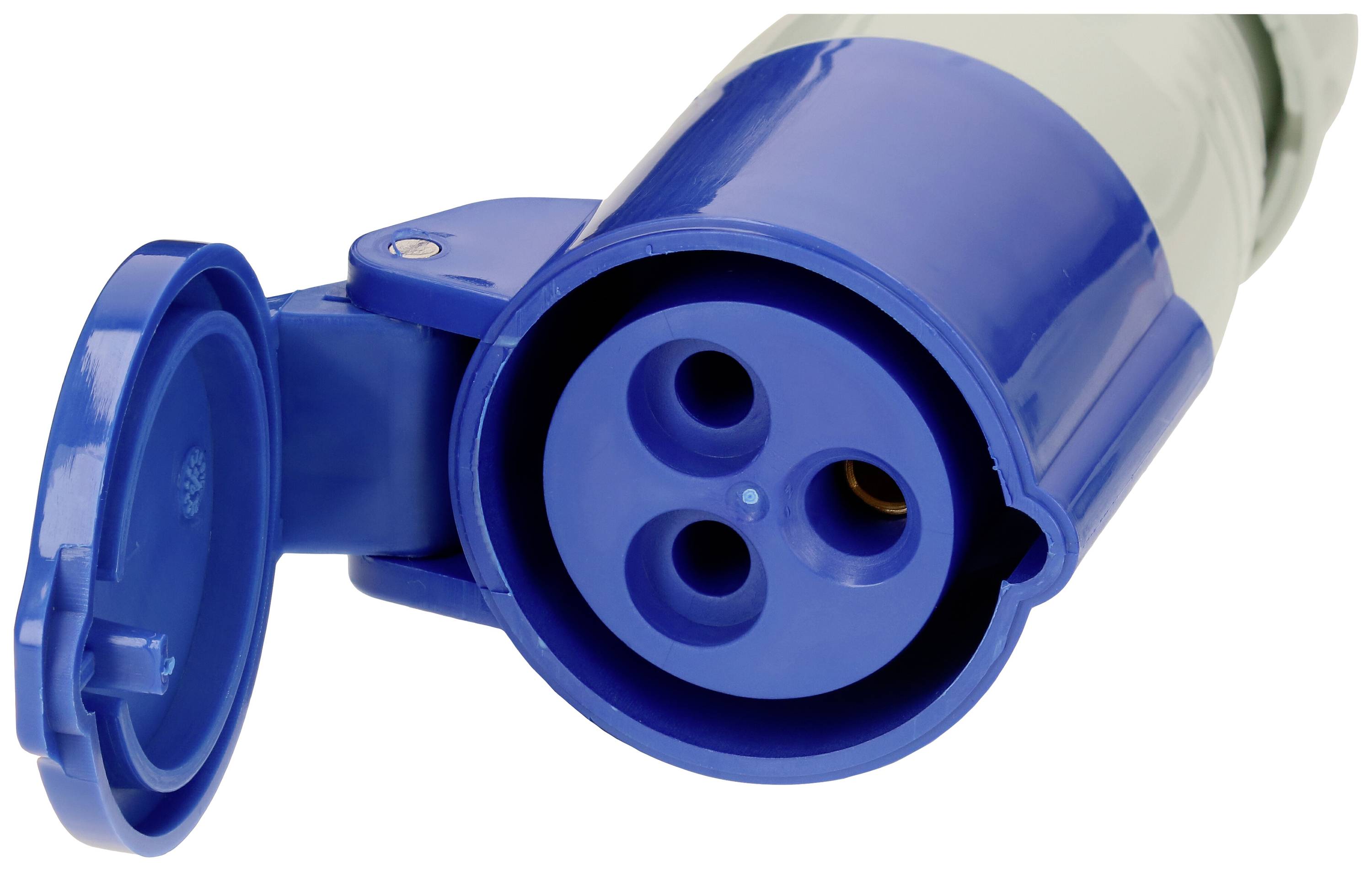 Ein blauer, dreipoliger Stecker mit geöffnetem Deckel, zur Stromverbindung in industriellen Anwendungen.