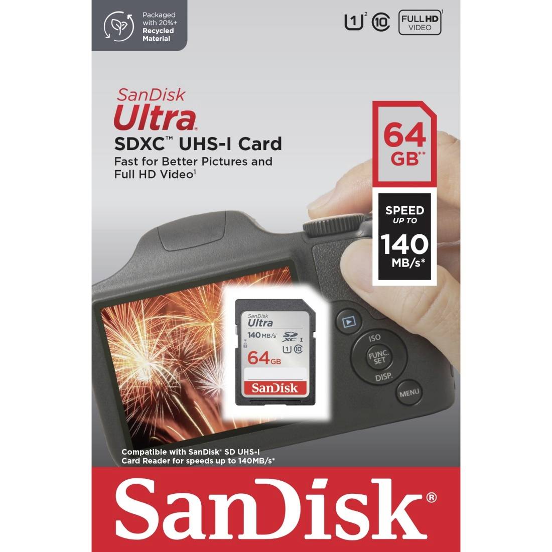 SanDisk SDXC Ultra 64GB (Class 10/UHS-I/140MB/s) SDHC-Karte 64GB UHS-Class 1 Wasserdicht, stoßsicher