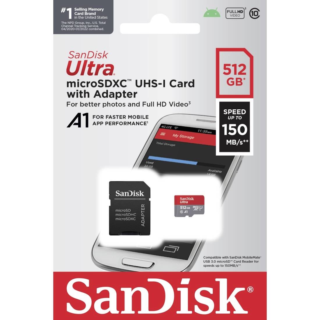 SanDisk microSDXC Ultra 512GB (A1/UHS-I/Cl.10/150MB/s) + Adapter "Mobile" microSDXC-Karte 512 GB A1