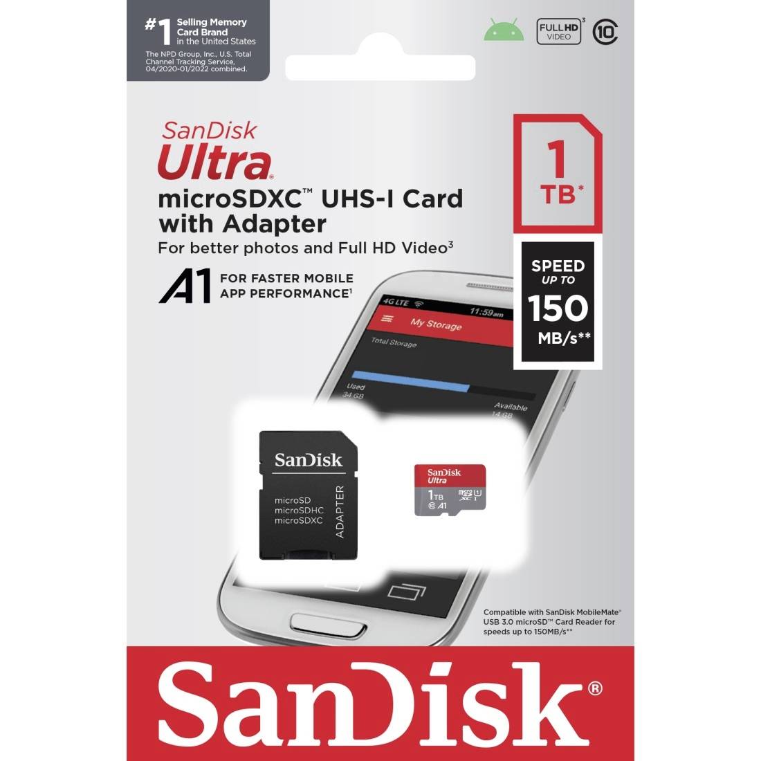 SanDisk microSDXC Ultra 1TB (A1/UHS-I/Cl.10/150MB/s) + Adapter "Mobile" microSDXC-Karte 1 TB A1 Application Performance Class, UHS-Class 1