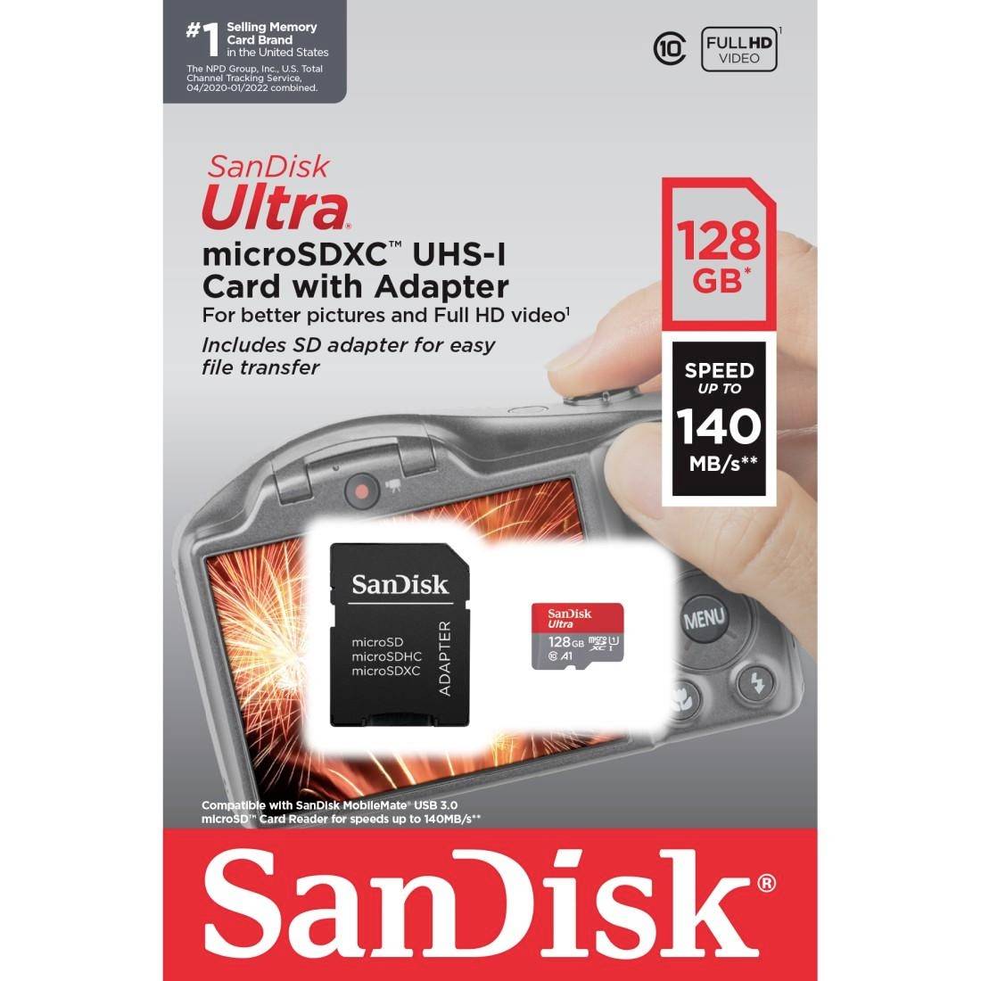 SanDisk Ultra + Adapter microSDXC-Karte 128GB A1 Application Performance Class, UHS-Class 1