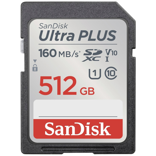 SanDisk SDXC Ultra PLUS 512GB (Class10/V10/UHS-I/160MB/s) SDXC-Karte 512GB Class 10, UHS-Class 1