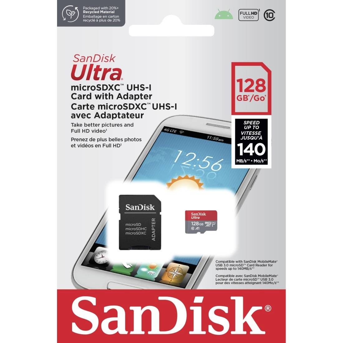 SanDisk microSDXC Ultra 128GB (A1/UHS-I/Cl.10/140MB/s) microSDXC-Karte 128 GB A1 Application Performance Class, UHS-Class 1, Class 10 UHS-I