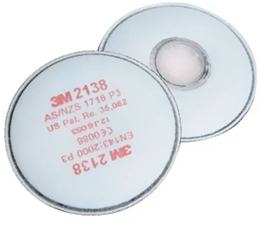 Zwei runde Schutzfilter mit der Aufschrift '3M 2138'. Sie dienen als Ersatzfilter für Masken und bieten Schutz vor Partikeln und Gasen.
