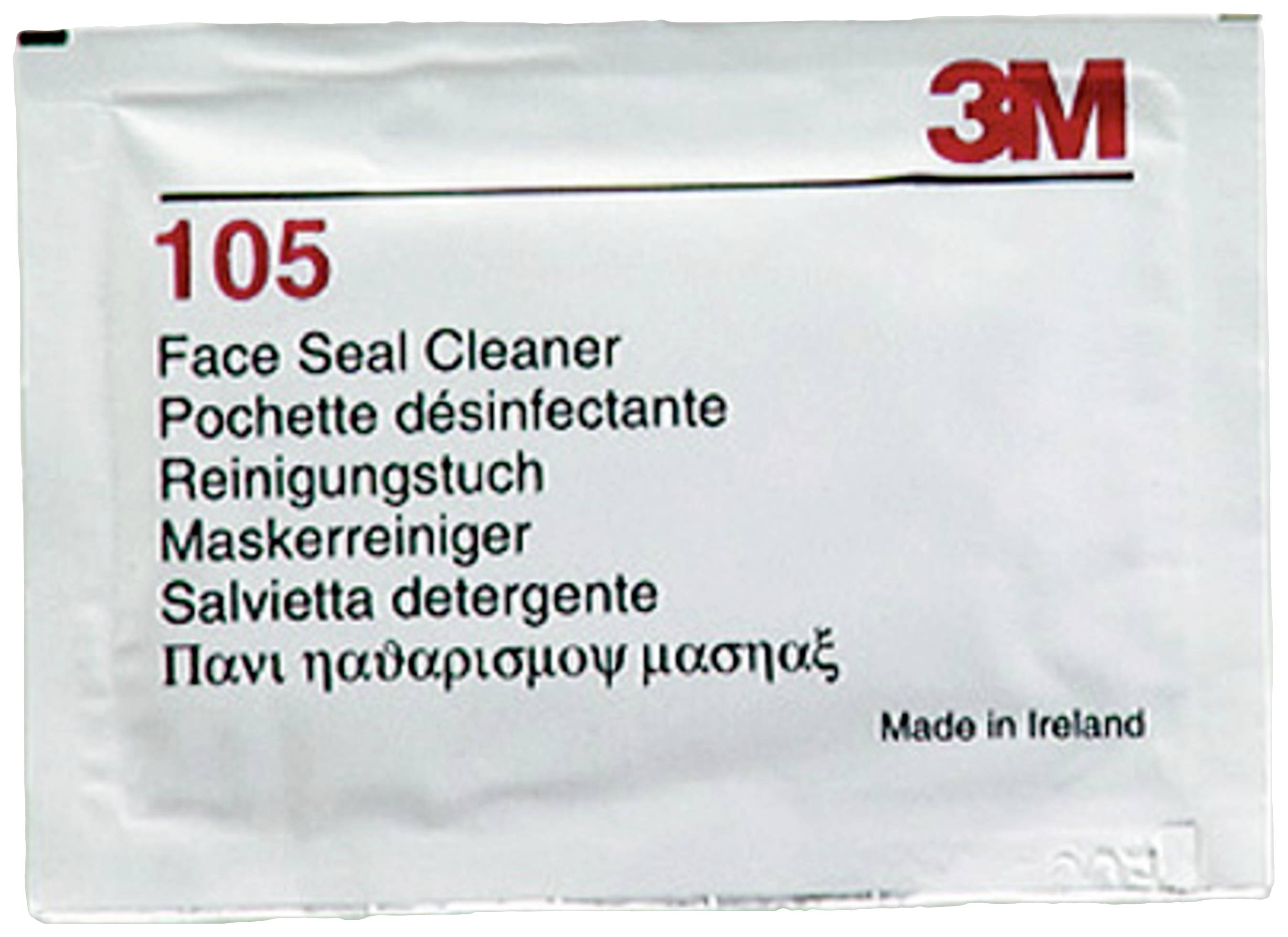 3M 'Face Seal Cleaner' Tuchverpackung mit mehrsprachiger Beschriftung und Herkunftsangabe 'Made in Ireland'.
