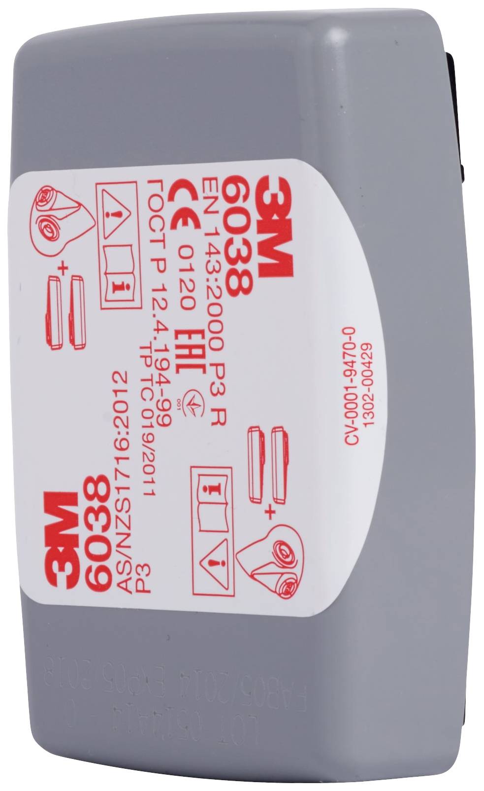 Grauer 3M-Partikelfilter mit roten Markierungen und Beschriftungen zur Spezifikation und Normen wie '6038 P3 R' und 'EN143:2000'.