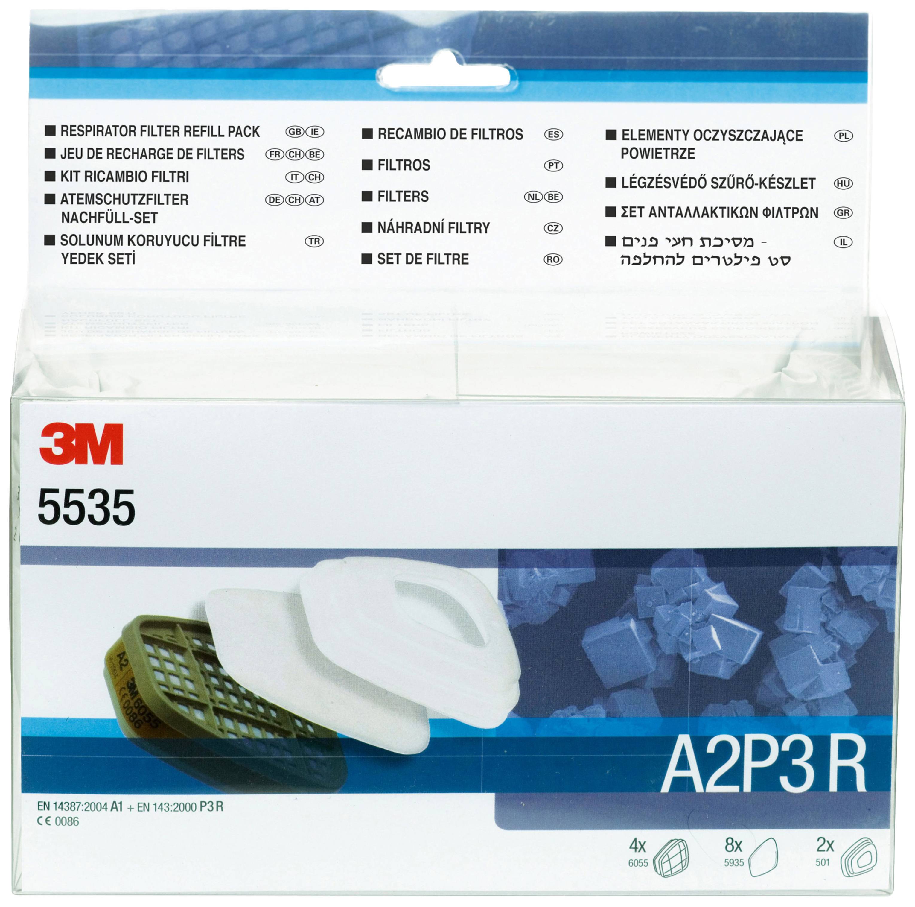 3M Filter-Nachfüllpackung 5535, enthält A2P3R Filterelemente, dargestellt in einer transparenten Verpackung mit Produktinformationen.