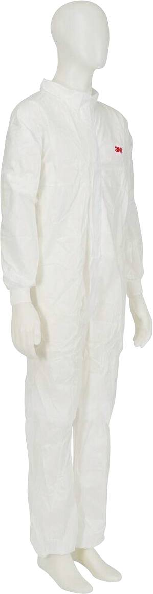 3M Typ 5/6 Einweg-Schutzanzug in versiegelter Verpackung, gekennzeichnet mit 4520CS und '1 x L', mit Bildern des Anzugs und eines maskierten Arbeiters.