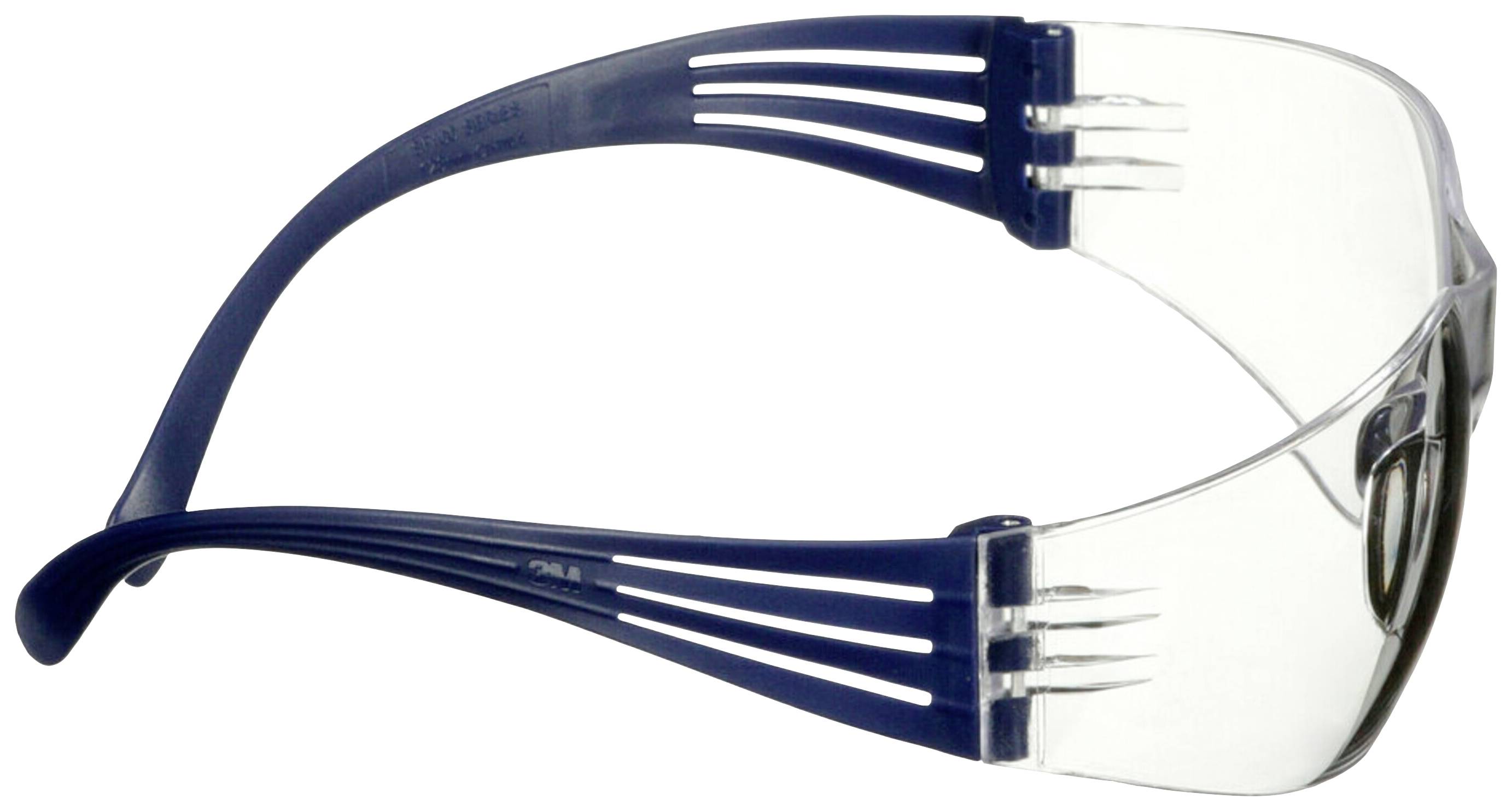 Schutzbrille mit klaren Gläsern und blauen Bügeln, seitlich fotografiert. Entworfen für Augenschutz bei Arbeiten oder Sport.