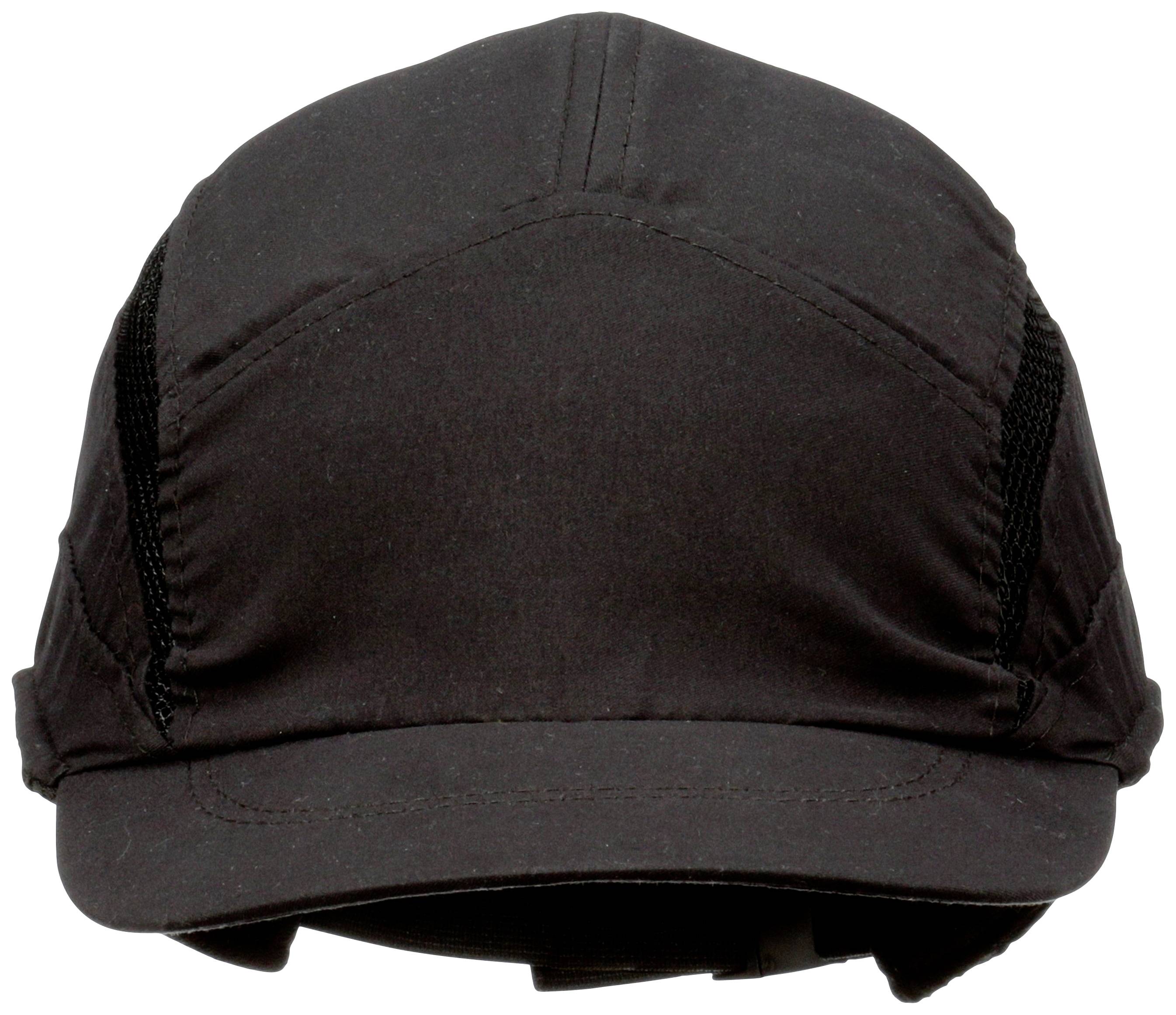Schwarze, sportliche Kappe mit Mesh-Einsätzen auf beiden Seiten, von vorne betrachtet.