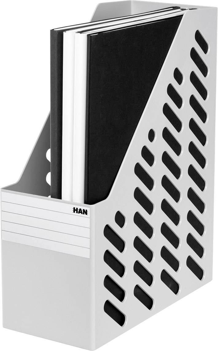 Grauer Zeitschriftenhalter mit schwarzen und weißen Ordnern gefüllt. Markenname auf der Seite und beschreibbares Etikett vorne.