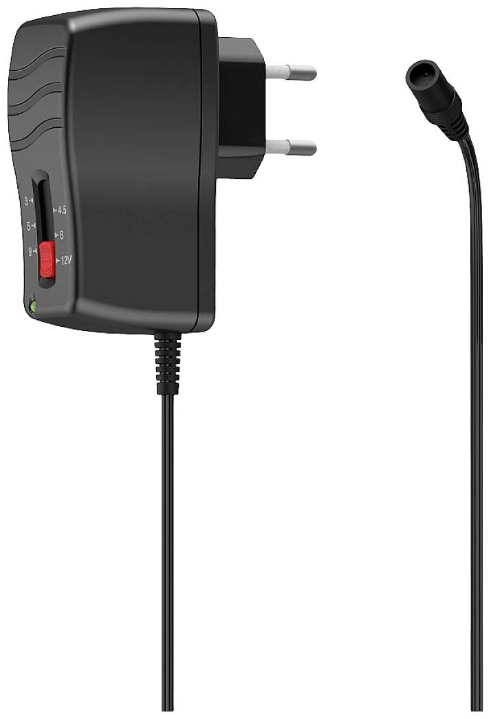 Schwarzes Netzteil mit Eurostecker und einstellbarer Spannung, zeigt vier Spannungseinstellungen im Bereich von 3V bis 12V.