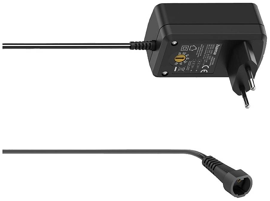 Ein schwarzes Netzteil mit Eurostecker und langem Kabel, geeignet für elektronische Geräte.
