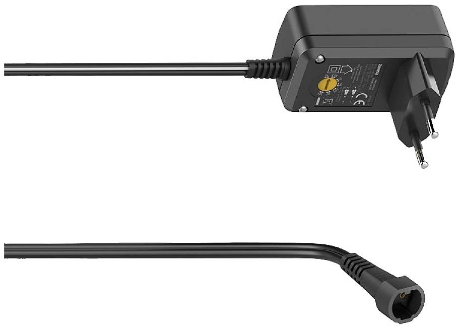 Schwarzes Netzteil mit Kabel und europäischem Stecker oben, unten ein Endstück zum Anschluss an ein Gerät; zur Stromversorgung.