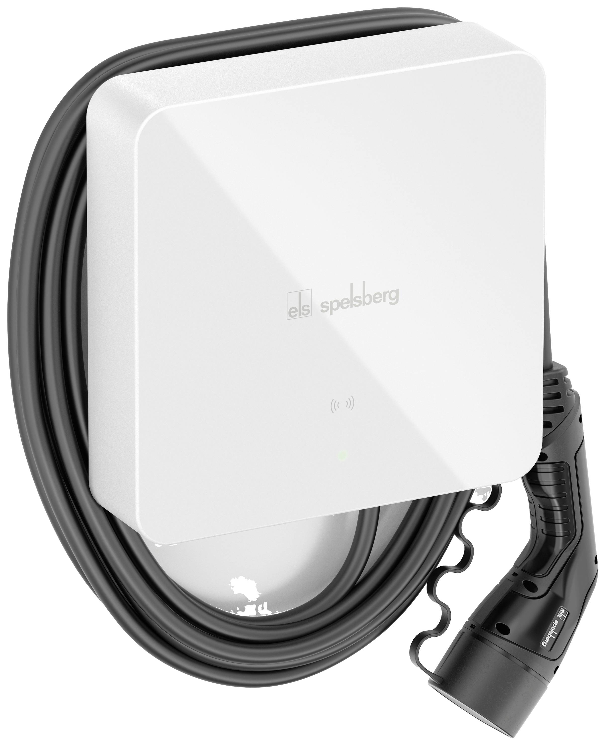 Eine weiße Wandladestation für Elektroautos mit aufgerolltem Ladekabel und schwarzem Stecker.