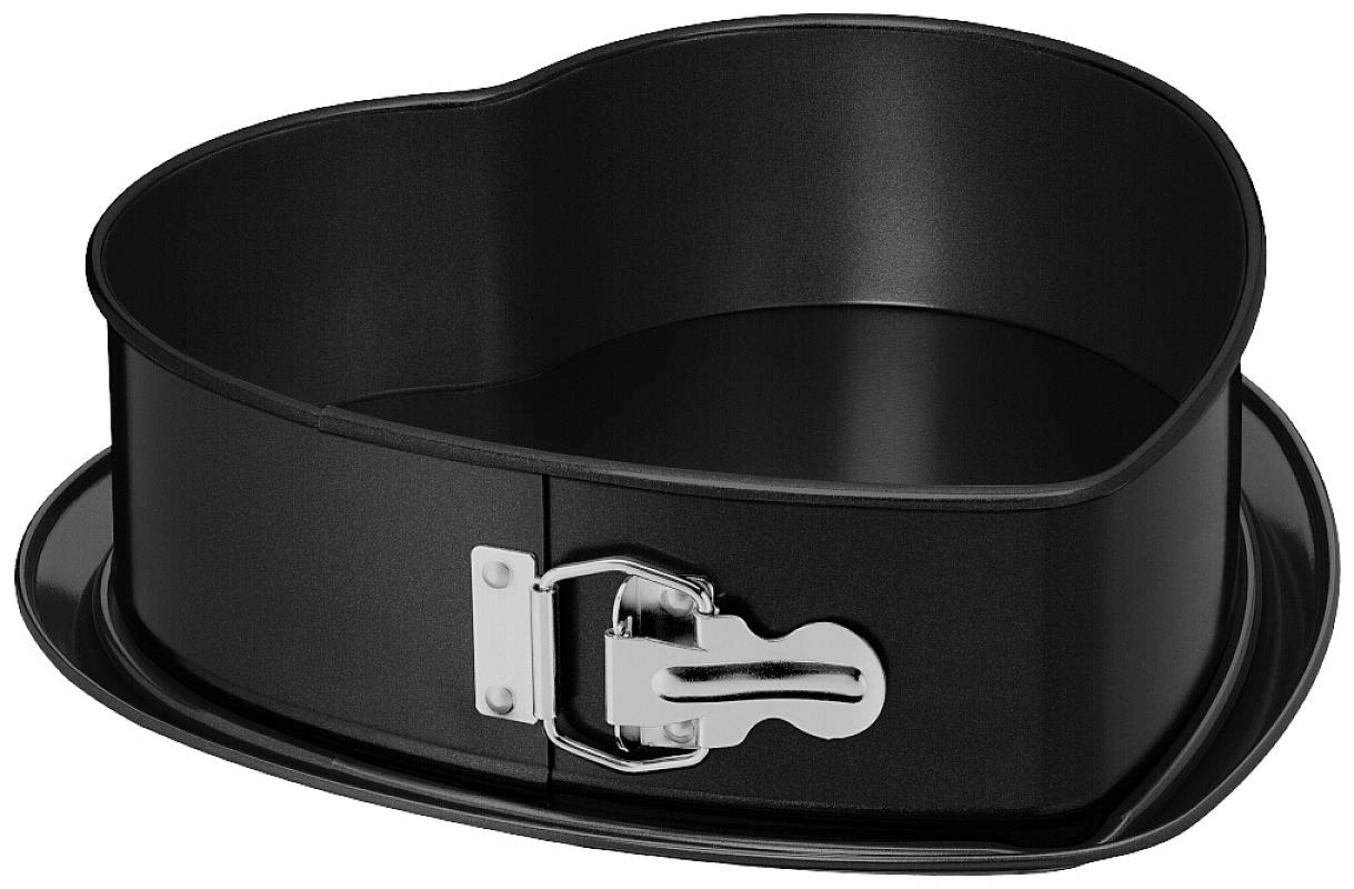 Herzförmige Springform, schwarz, mit Metallschließe. Ideal zum Backen von Kuchen in Herzform.