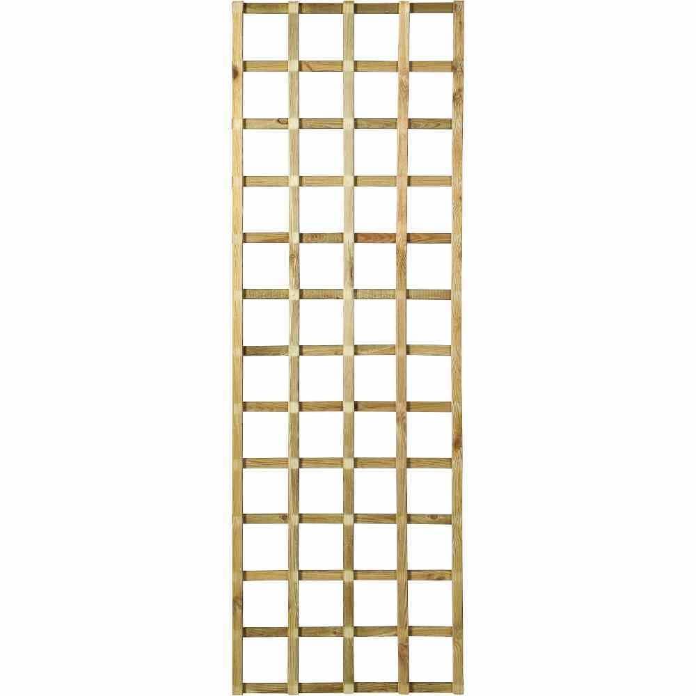 Ein einfaches hölzernes Gitter mit rechteckigen Öffnungen, das als Rankhilfe für Pflanzen oder als dekoratives Element genutzt werden kann.