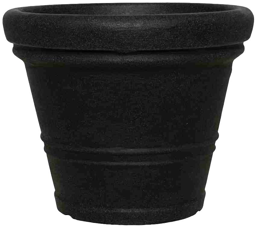 Ein leerer, schwarzer Blumentopf aus Ton mit breitem Rand und schlichter Form, geeignet für Zimmer- oder Gartenpflanzen.