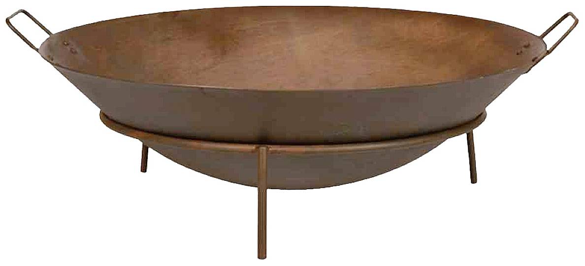 Runde, flache Feuerschale aus Metall mit zwei Griffen und kurzen Beinen, geeignet für den Außenbereich.