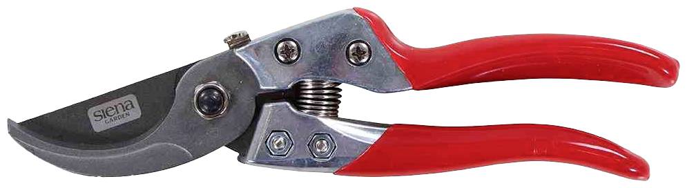 Rote Gartenschere mit Metallklingen, geeignet zum Schneiden von Pflanzen oder Zweigen.