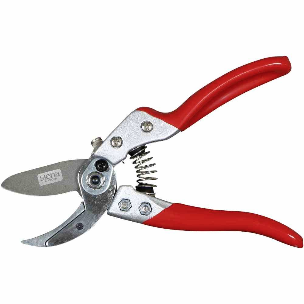 Rote Metallschere mit Federmechanismus, geeignet für das Beschneiden von Pflanzenzweigen oder -stängeln.