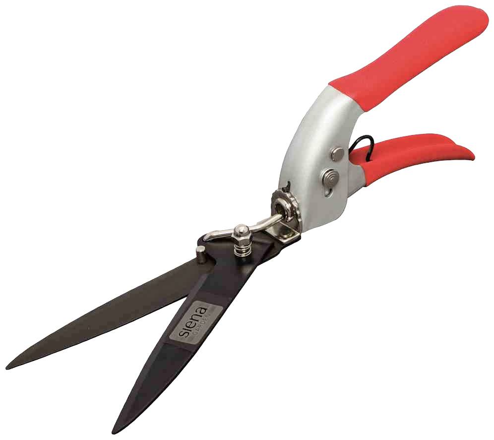 Eine rote und silberne Gartenschere mit langen Klingen, geeignet zum Schneiden von Gras oder kleinen Ästen.